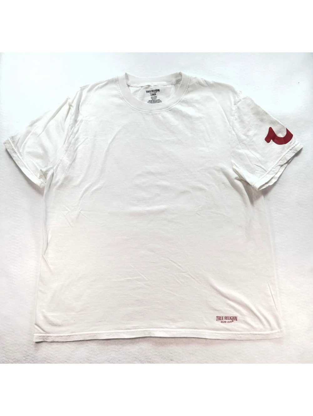 True Religion Men’s Large White T-Shirt Red Horseshoe Logo 100% Cotton H00141